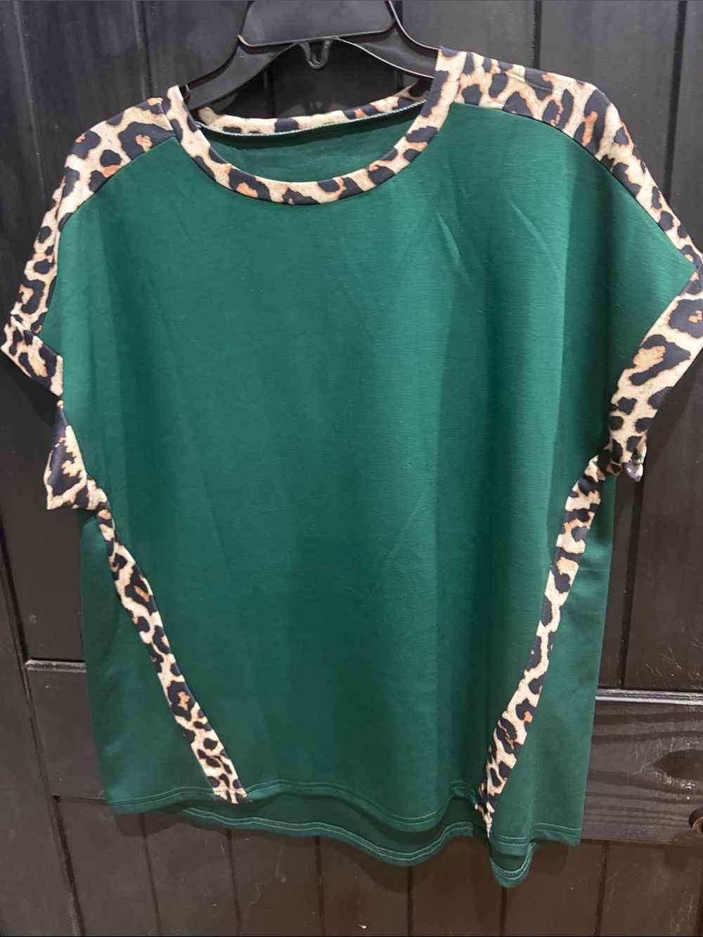 Forest Green Short Sleeve Top with Leopard Trim